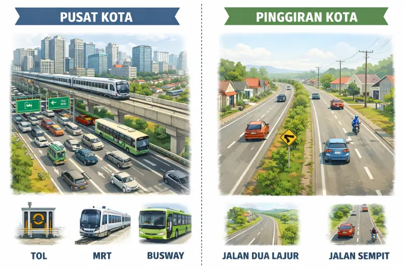 akses infrastruktur perumahan pinggiran vs tengah kota