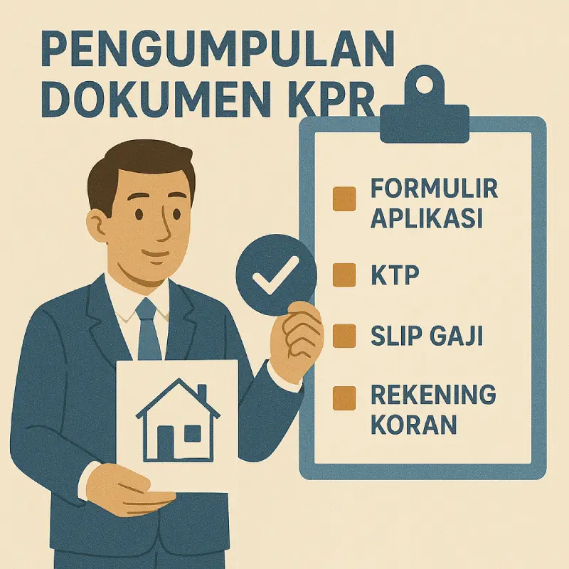 Tahapan Beli Rumah: Panduan Lengkap dari Persiapan hingga Akad ilustrasi pengumpulan dokumen KPR, gaya infografis profesional